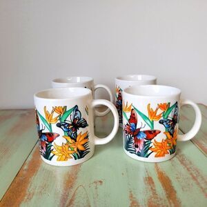 Vintage Butterfly & Flora Panstone Tropical Ceramic Set of 4 Coffee Mugs